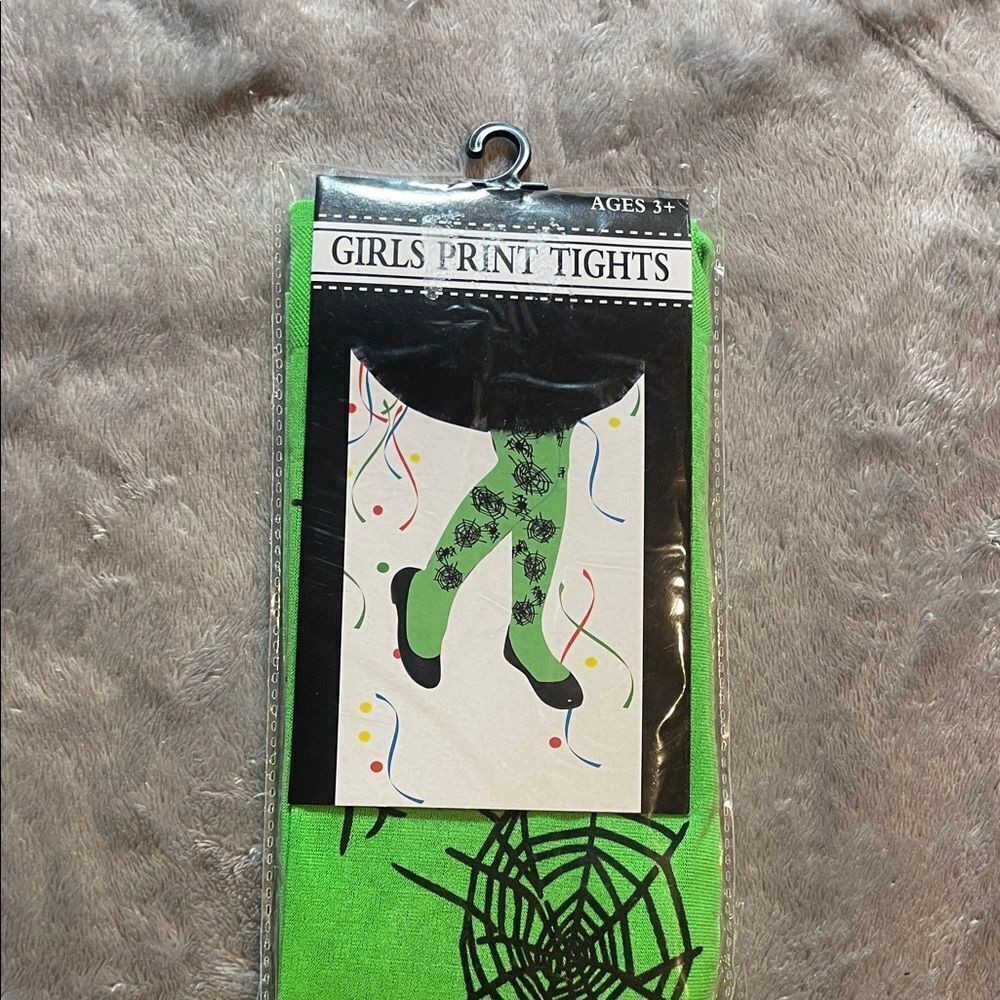 Green Girls Print Tights with Spider Web Design NEW
